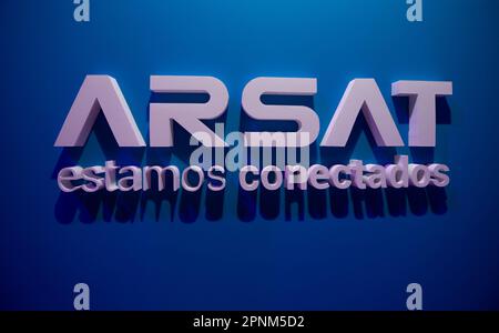 Buenos Aires, Argentina. 19th Apr, 2023. Logo della società satellite argentina ARSAT alla fiera tecnologica 'IT Joven'. Credit: Florencia Martin/dpa/Alamy Live News Foto Stock