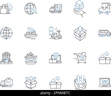 Collezione di icone della linea logistica di terze parti. Warehousing, Trasporti, fornitura, soluzioni, outsourcing, Operazioni, vettore di consegna e lineare Illustrazione Vettoriale