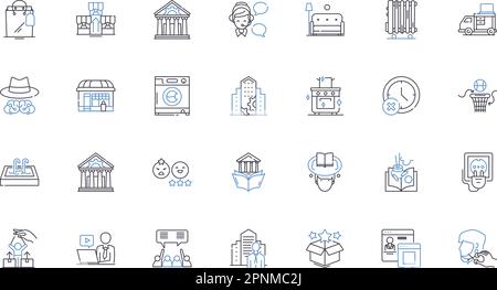 Collezione di icone della linea cittadina. Fascino, Storia, natura, Comunità, Cultura, Architettura, vettore alberghiero e illustrazione lineare. Feste, punti di riferimento Illustrazione Vettoriale