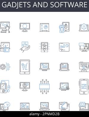 GADJETS e la collezione di icone della linea software. Dispositivi, Strumenti, appliance, programmi, applicazioni, Utilità, vettore piattaforme e illustrazione lineare Illustrazione Vettoriale