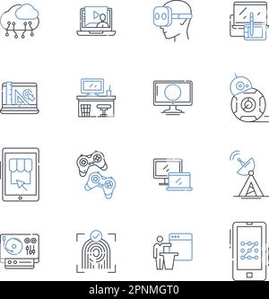 Raccolta di icone della linea delle periferiche del computer. Tastiera, mouse, monitor, cuffia, stampante, Scanner, Webcam vettoriale e illustrazione lineare. Altoparlanti Illustrazione Vettoriale