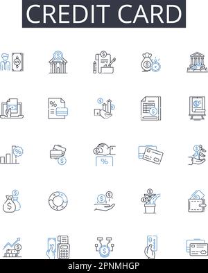 Collezione di icone della linea della carta di credito. Carta di debito, conto bancario, metodo di pagamento, MY plastica, linea di credito, Tasso di interesse, vettore di pagamento senza contanti e. Illustrazione Vettoriale