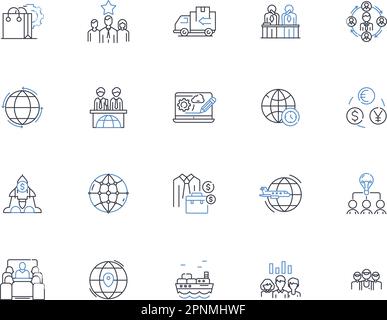 Collezione di icone della linea commerciale Trancontinental. Globalizzazione, connettività, multiculturalismo, collaborazione, Commercio, Investimenti, vettore diversità Illustrazione Vettoriale