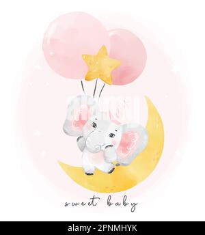 carino felice bambino rosa elefante ragazza regina con corona sulla mezzaluna, adorabile vivaio compleanno fauna animale watercolur cartone illustrazione Illustrazione Vettoriale