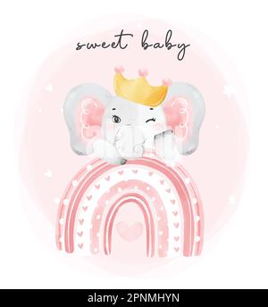 cute felice bambino rosa elefante ragazza compleanno sedersi su un arcobaleno, adorabile vivaio compleanno fauna animale watercolur cartone illustrazione Illustrazione Vettoriale