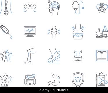 Collezione di icone della linea dell'ufficio medico. Diagnosi, prescrizione, esame, consultazione, immunizzazione, Vaccinazione, vettore di emergenza e lineare Illustrazione Vettoriale