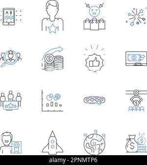 Raccolta icone riga gestione contanti. Moneta, monete, banconote, Teller, Cassiere, Registro, vettore Cashbox e illustrazione lineare. Vault, contanti Illustrazione Vettoriale