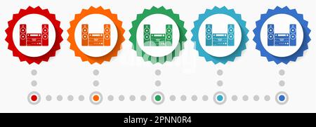 Musica, set di icone vettoriali per apparecchiature stereo, modello infografico colorato, set di icone con badge dal design piatto in 5 opzioni di colore Illustrazione Vettoriale