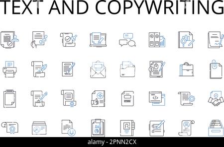 Testo e copywriting linea icone raccolta. Wordsmithing, scrittura, scripting, authoring, composizione, Penning, disegno vettoriale e illustrazione lineare Illustrazione Vettoriale