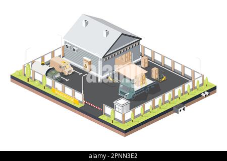 Centro logistico di distribuzione isometrica. Magazzini e magazzini con camion. Illustrazione vettoriale. Terminale di scarico del carico. Illustrazione Vettoriale