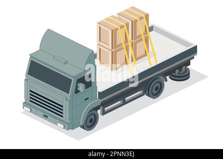 Autocarro da carico isometrico a pianale con scatole. Trasporto commerciale. Logistica. Oggetto città per infografica. Illustrazione vettoriale. Macchina per carrozza di bene Illustrazione Vettoriale