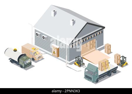 Centro logistico di distribuzione isometrica. Magazzini di stoccaggio con camion isolati su sfondo bianco. Illustrazione vettoriale. Caricamento di Dischargin Illustrazione Vettoriale