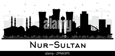 Nur-Sultan Kazakhstan City Skyline Silhouette con edifici neri isolati su bianco. Illustrazione vettoriale. Paesaggio urbano di Nur-Sultan con punti di riferimento. Illustrazione Vettoriale
