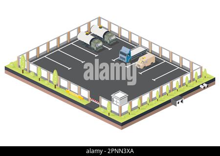 Parcheggio isometrico per camion e automobili. Punto di controllo con barriera. Illustrazione vettoriale. Illustrazione Vettoriale