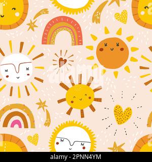 Colore vettoriale disegnato a mano motivo senza cuciture con sole sorridente carino. Stampa semplice e accattivante. Struttura ripetitiva infantile. Illustrazione Vettoriale