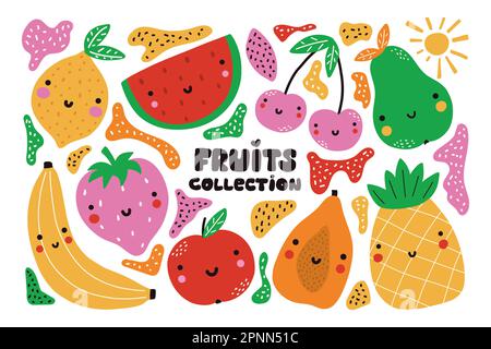 Set di frutta carina con sorrisi. Luminosa collezione di cibi vegetariani su sfondo bianco. Illustrazione vettoriale colorata in stile cartoon Illustrazione Vettoriale