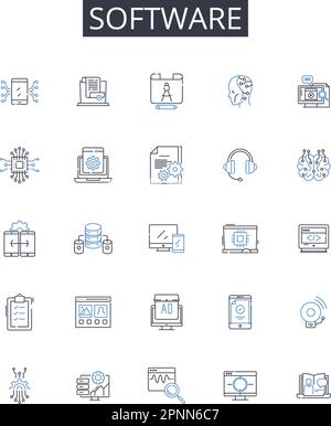 Raccolta di icone della riga software. Hardware, tecnologia, programma, applicazione, Codebase, Piattaforma, vettore di sistema e illustrazione lineare. Firmware Illustrazione Vettoriale