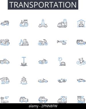 Collezione icone linea di trasporto. Spostamenti, transito, viaggio, trasporto, trasporto, Convoglio, vettore di Haulage e illustrazione lineare. Spedizione,trasporto Illustrazione Vettoriale