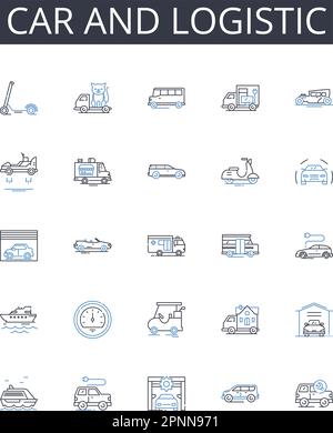 Collezione di icone per auto e linee logistiche. Veicolo e trasporto, Automobile e trasporto, camion e trasporto, bici e trasporto, furgone e. Illustrazione Vettoriale