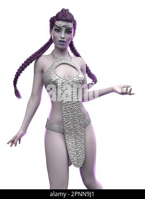 Fantasy ragazza con capelli intrecciati viola indossare vestito argento, 3D Illustrazione. Foto Stock