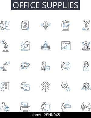 Raccolta delle icone delle linee dei materiali di consumo per ufficio. Articoli per lo statiry, strumenti aziendali, elementi essenziali per il lavoro, materiali per la scrittura, accessori per desktop, Articoli di carta, scrivania Illustrazione Vettoriale