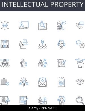 Collezione di icone della linea della proprietà intellettuale. Proprietà privata, diritti legali, diritto d'autore, segreti commerciali, invenzioni brevettate, Dati proprietari Illustrazione Vettoriale