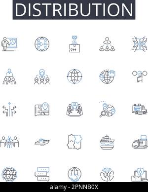 Raccolta di icone della linea di distribuzione. Dispensazione, assegnazione, consegna, assegnazione, ripartizione, Provisioning, vettore della catena di fornitura e lineare Illustrazione Vettoriale