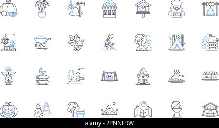 Township linea icone collezione. Insediamento, Comunità, Villaggio, Rurale, Urbano, Comune, vettore di Hamlet e illustrazione lineare. Suburb, quartiere Illustrazione Vettoriale