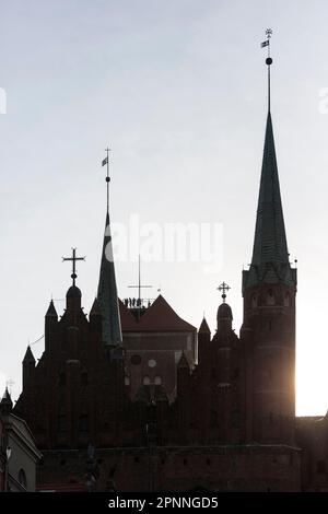 Paesaggio urbano di Danzica, vista da Frauengasse, Mariacka, nel centro storico alla torre di San Chiesa di Maria con le sue guglie, GdaÅ„sk, Pomerania Foto Stock