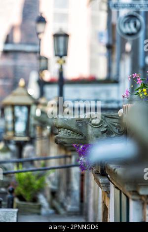 Vista sulla città di Danzica, Frauengasse, Mariacka, nel centro storico con le gargoyles artisticamente scolpite di pietra, GdaÅ„sk, Voivodato Pomerano, Polonia Foto Stock