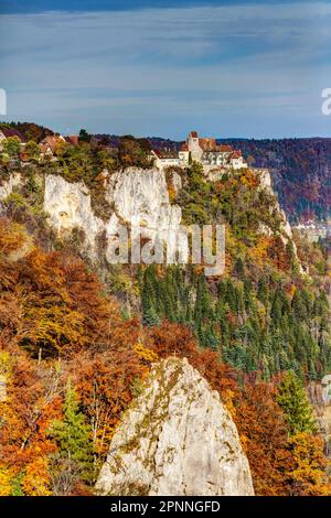 Vista dalla roccia di quercia al Castello di Werenwag, la foresta autunnale e le rocce sull'Alpe Svevo nel Parco Naturale dell'Alto Danubio, Irndorf Foto Stock