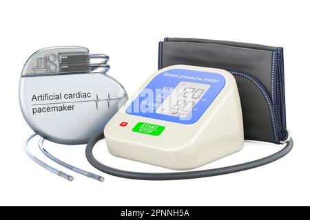 Monitor digitale automatico della pressione sanguigna con pacemaker cardiaco artificiale. 3D rendering isolato su sfondo bianco Foto Stock