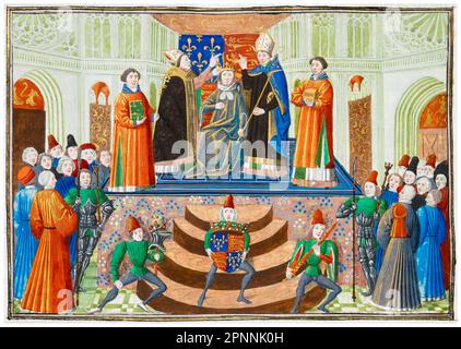 Incoronazione di Enrico IV d'Inghilterra (1367-1413), noto anche come Enrico Bolingbroke, re d'Inghilterra (1399-1413), il 13th ottobre 1399, pittura manoscritta in miniatura di Jean Froissart, 1470-1472 Foto Stock