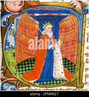 Edoardo III d'Inghilterra (1312-1377), re d'Inghilterra (1327-1377) che indossa una corona, un abito erminio e che tiene un orbo e uno scettro, illustrato in un primo C storico, dipinto manoscritto manoscritto manoscritto in miniatura, 1451-1480 Foto Stock