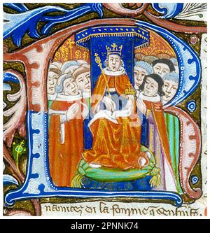 Riccardo III d'Inghilterra (1452-1485), Re d'Inghilterra (1483-1485), introniato indossando una corona, erminio vestito e tenendo un orbo e scettro, illustrato in una R iniziale istoriata, manoscritto dipinto in miniatura manoscritto ritratto, 1488-1489 Foto Stock