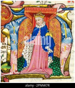Enrico V d'Inghilterra (1386-1422) chiamato anche Enrico di Monmouth, re d'Inghilterra (1413-1422), indossando una corona, un abito erminio e tenendo un orbo e scettro, illustrato in un ritratto storiato iniziale N, manoscritto in miniatura dipinto ritratto, 1451-1480 Foto Stock