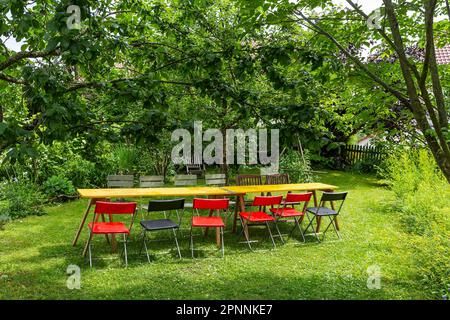 Tavolo e sedie colorate in giardino, preparazione per una festa in giardino, Muensingen, Baden-Wuerttemberg, Germania Foto Stock