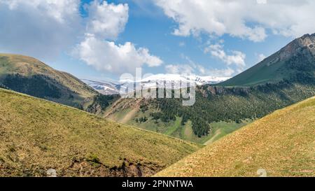 Kirghizistan natura verde paesaggio con vaste montagne. Il Kirghizistan è un paese senza sbocco sul mare situato nell'Asia centrale, noto per la sua aspra e montuosa t Foto Stock