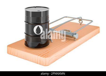 Barile di olio all'interno della mousetrap. 3D rendering isolato su sfondo bianco Foto Stock