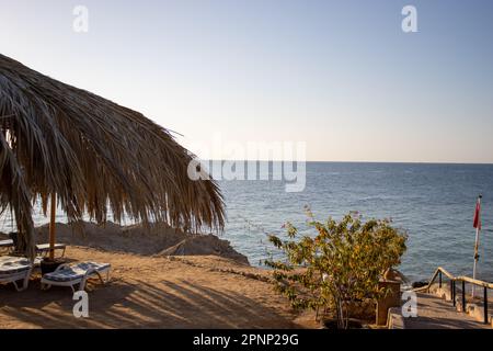 palapa su una spiaggia deserta in Egitto Foto Stock