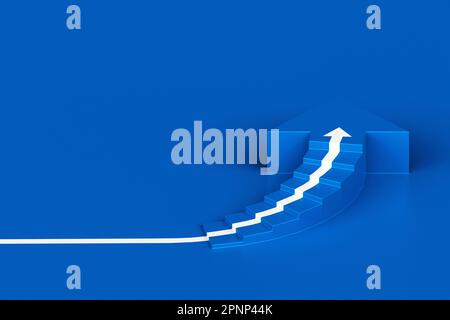 Freccia bianca che segue la scala a chiocciola di crescita su sfondo blu, 3D freccia che sale sopra la scala a chiocciola, 3D scale con freccia che va verso l'alto Foto Stock