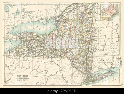 Mappa dello stato di New York che mostra le contee. BARTOLOMEO 1898 vecchia carta antica Foto Stock