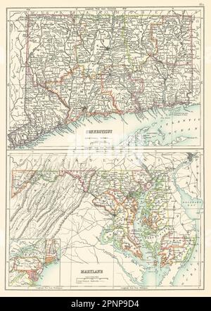 Mappe dello stato del Connecticut e del Maryland che mostrano le contee. BARTOLOMEO 1898 anni Foto Stock