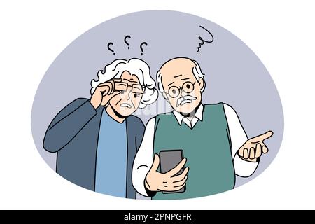 Concetto di persone mature e tecnologie. Una coppia di anziani frustrati che guarda lo smartphone che usa internet ha problemi con l'illustrazione vettoriale del gadget Illustrazione Vettoriale