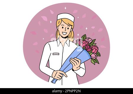 Grazie medico e infermieri concetto. Donna sorridente medico o infermiere in piedi con bouquet di fiori che combattono coronavirus illustrazione vettoriale Illustrazione Vettoriale