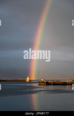 Arcobaleno nel vecchio porto di Reykjavik, Islanda. Foto Stock