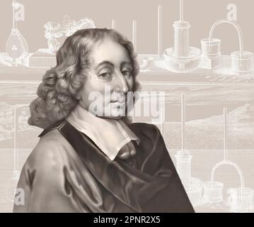 Ritratto di Blaise Pascal con una pagina di Traitez de l'equilibre des liqueurs, et de la pesanteur de la masse de l'air, 1663 Foto Stock