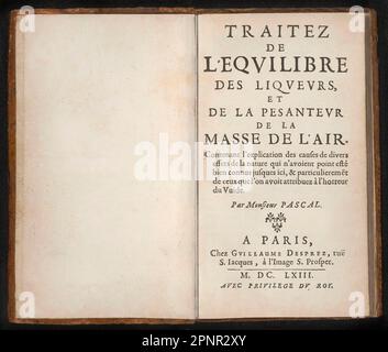 Titolo di Traitez de l'equilibre des liqueurs, et de la pesanteur de la masse de l'air, di Blaise Pascal, 1663 Foto Stock