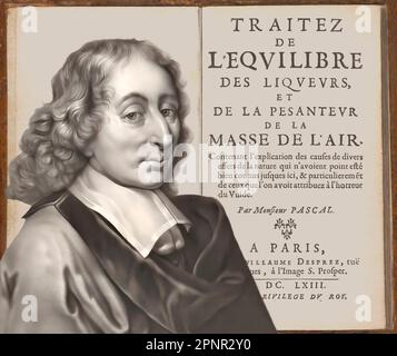 Ritratto di Blaise Pascal con una pagina di Traitez de l'equilibre des liqueurs, et de la pesanteur de la masse de l'air, 1663 Foto Stock