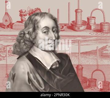 Ritratto di Blaise Pascal con una pagina di Traitez de l'equilibre des liqueurs, et de la pesanteur de la masse de l'air, 1663 Foto Stock
